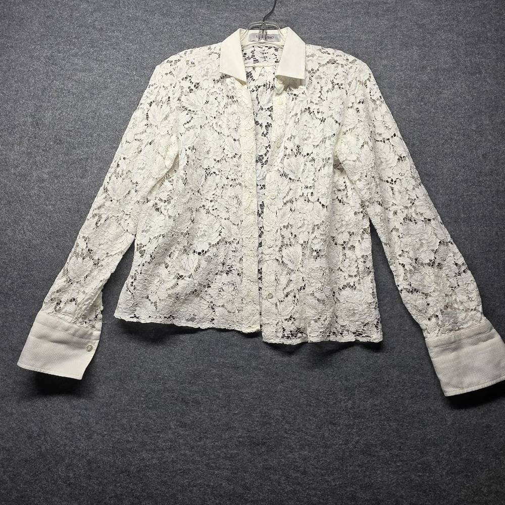 Valentino White Lace Button Front Long Sleeve Shirt Blouse Made in Italy Size 6